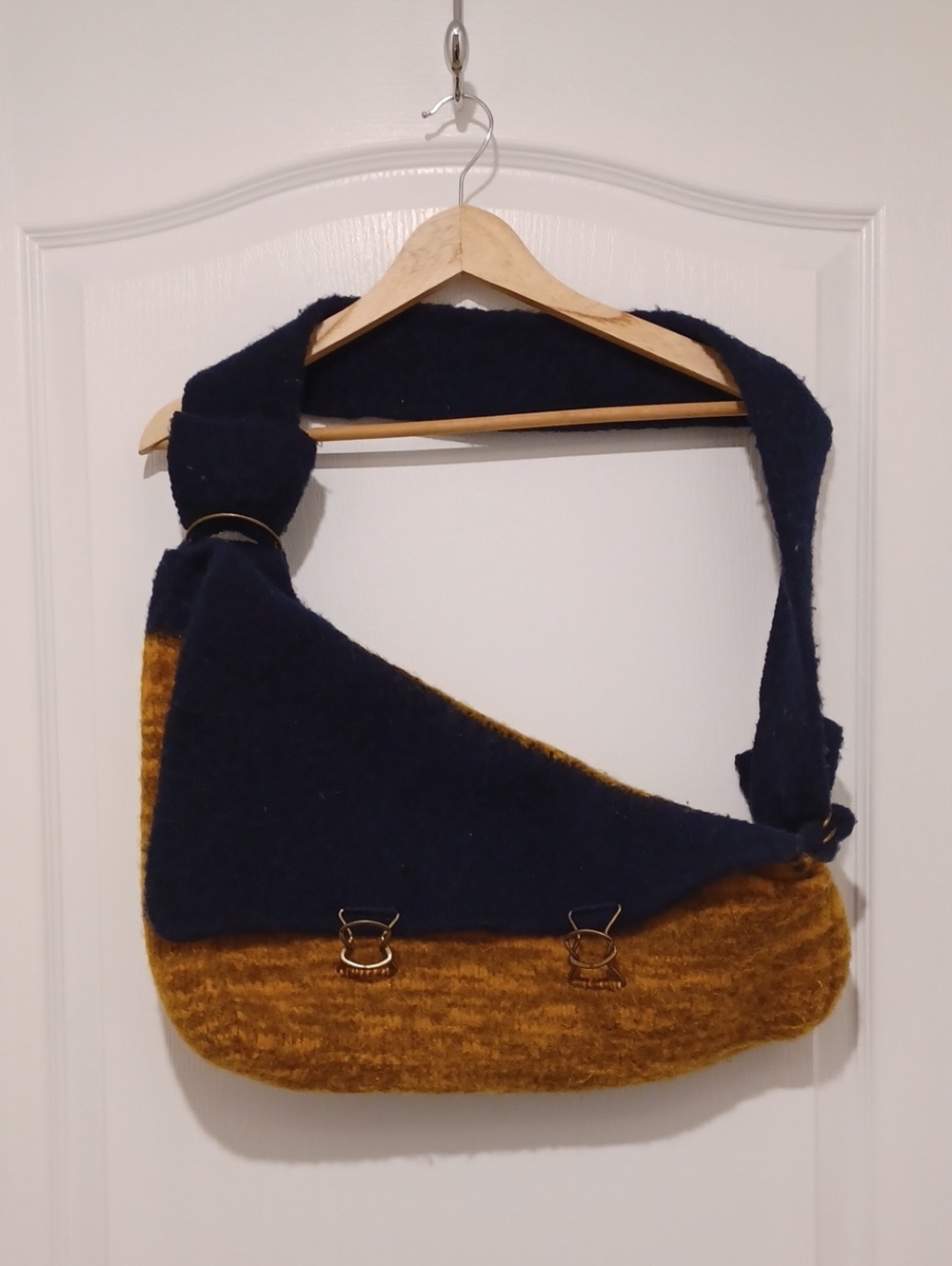 Hand Knit Felted Navy and Mustard Shoulder Bag